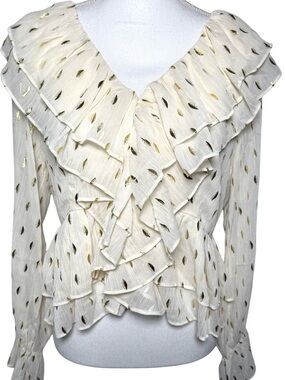 Rubienn Cream Ruffle Gold Leaf Blouse Top Women Medium NWT